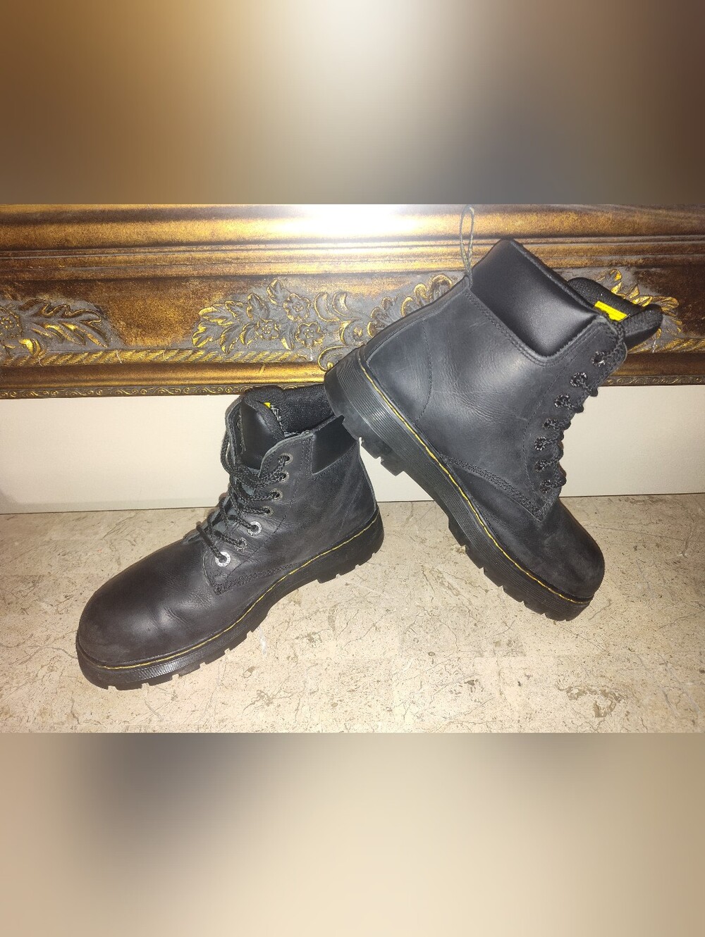 Dr. Martens Industrial Black Leather Lace-Up Combat Boots with Yellow Stitching